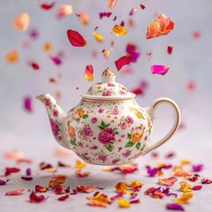 Floral teapot levitating amidst falling petals
