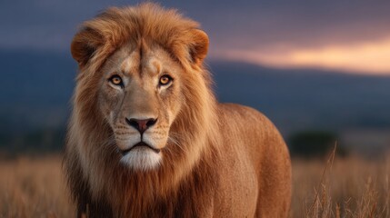 Obraz premium Majestic Lion's Gaze: A magnificent male lion, with its thick golden mane and intense eyes, gazes directly towards the viewer amidst the soft, blurred backdrop of an African savanna at dawn.