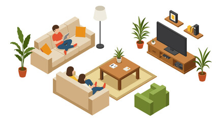 Stylish isometric living room with cozy furniture and modern decor elements