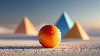 Orange sphere rests on textured surface, pyramids in soft-focus background