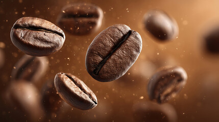 Close-up of coffee beans floating in the air 