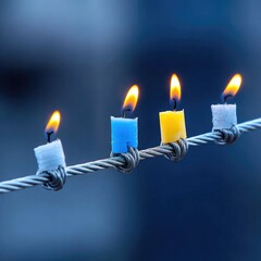 Four small candles, blue, yellow, and white, burning on a wire