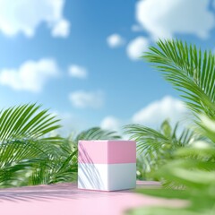 Pink and white cube on pink platform amidst tropical foliage under a bright sky