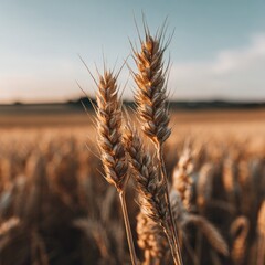 Golden wheat stalks in focus against a blurred field at sunset