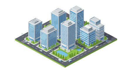Isometric city block with modern skyscrapers and greenery urban scene