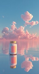 Calm sea reflects pastel sky and a jar