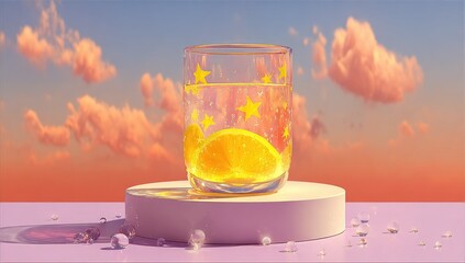 Glass of water with lemon slice, star pattern, sunset backdrop