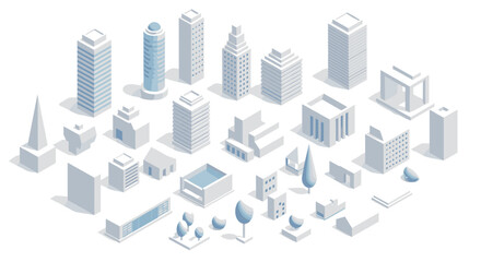 Modern isometric cityscape with diverse white buildings and minimalist design