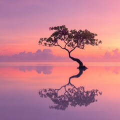 Solitary tree reflected in calm, pink sunrise water