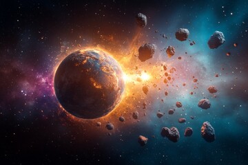 Naklejka premium Planet surrounded by meteorites and debris in space and colored haze. Generative AI
