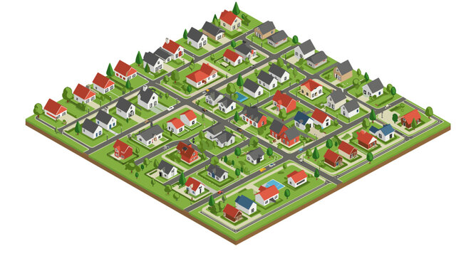 Isometric suburban neighborhood featuring residential homes and streets