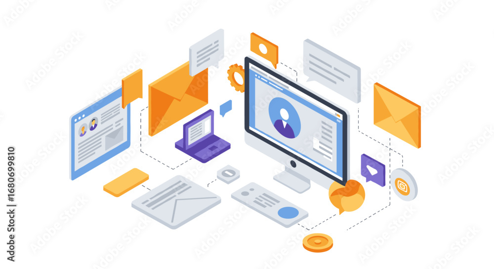 Poster isometric digital communication and teamwork concept with it elements