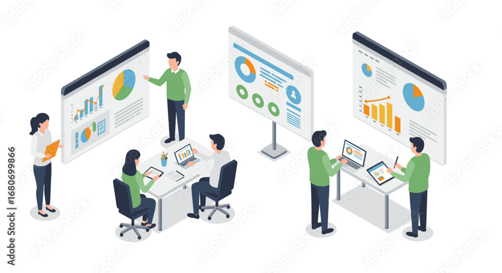 Aufkleber business team analyzing data with charts and graphs in isometric design