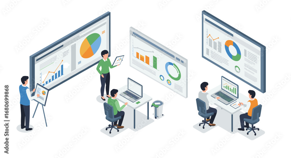 Poster business team analyzing data on interactive screens in modern office setting