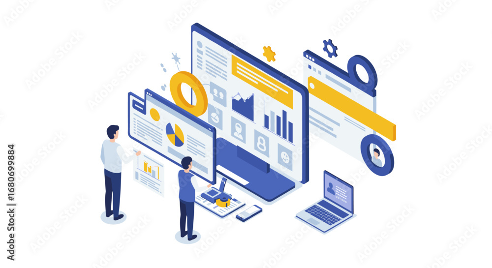 Poster isometric digital analytics with professionals analyzing data on modern devices