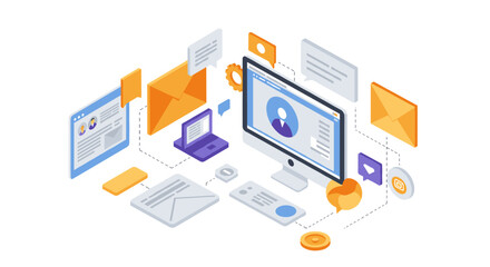 Isometric digital communication and teamwork concept with it elements