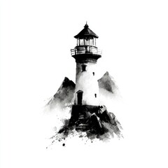 Monochrome lighthouse on rocky outcrop, misty atmosphere
