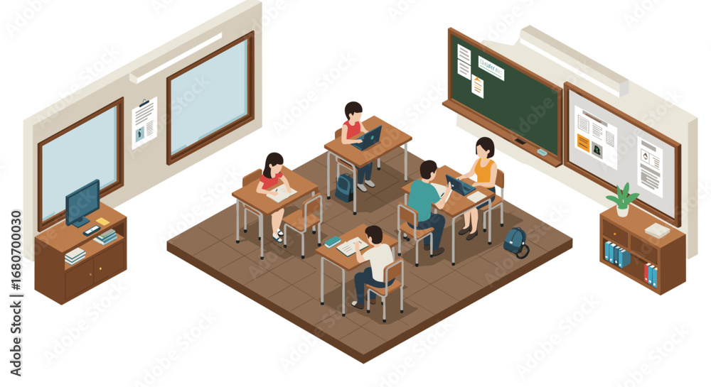 Poster isometric classroom scene with students studying and collaborating