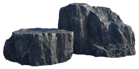 Two large dark grey rough textured rocks isolated on a transparent background stone