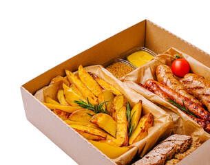 Delicious food platter with seasoned potatoes and grilled sausage served fresh