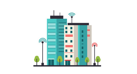 Fototapeta premium Modern urban buildings with wireless connectivity and smart technology elements