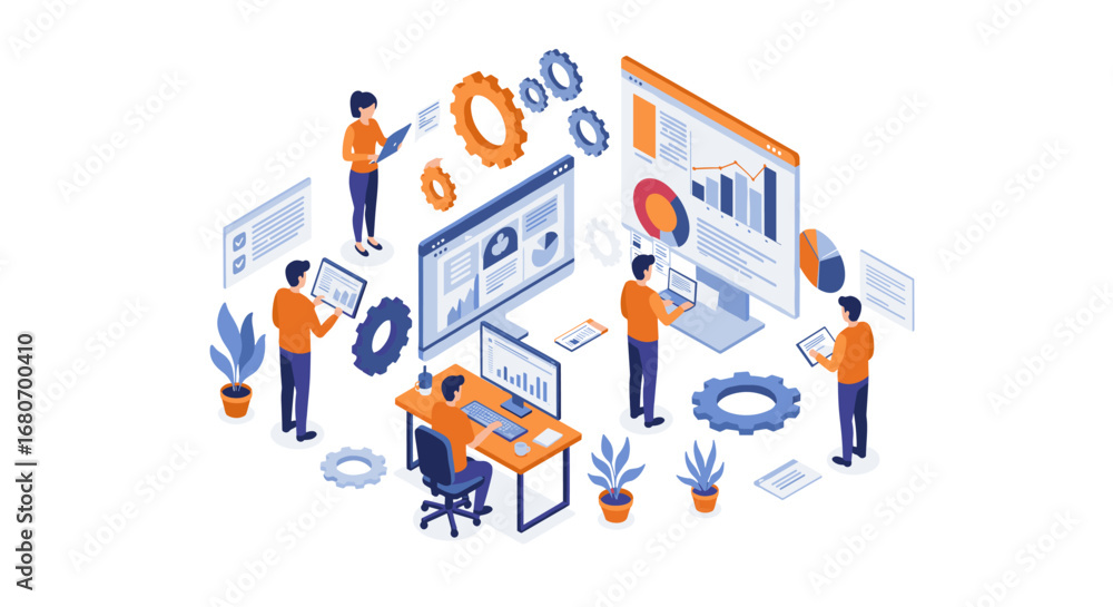 Poster collaborative teamwork in a modern isometric office environment with digital analytics
