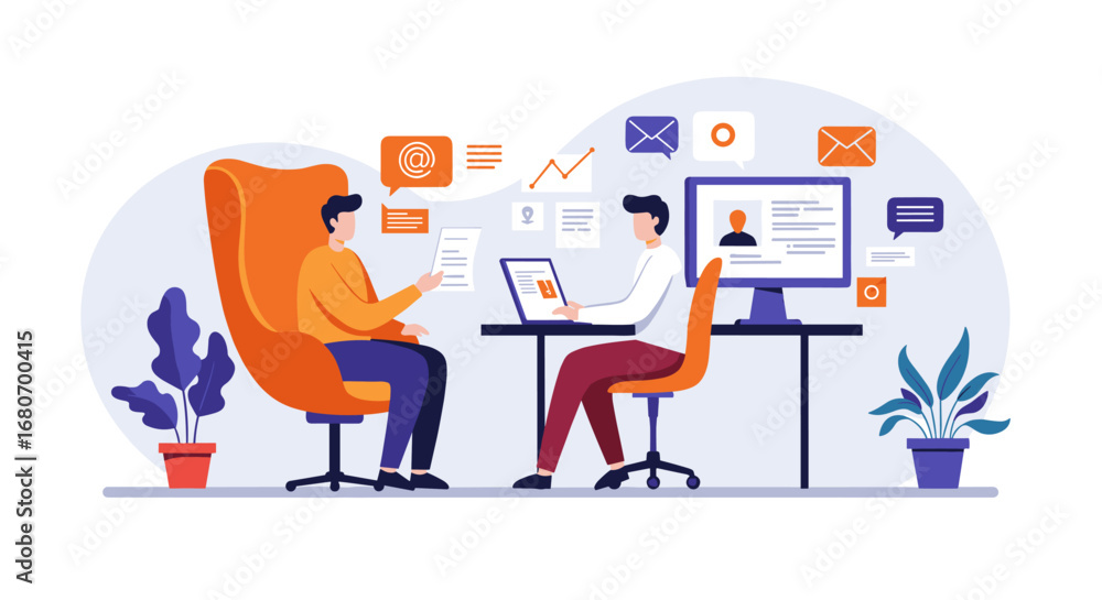 Poster remote interview concept with two people communicating in modern office setting