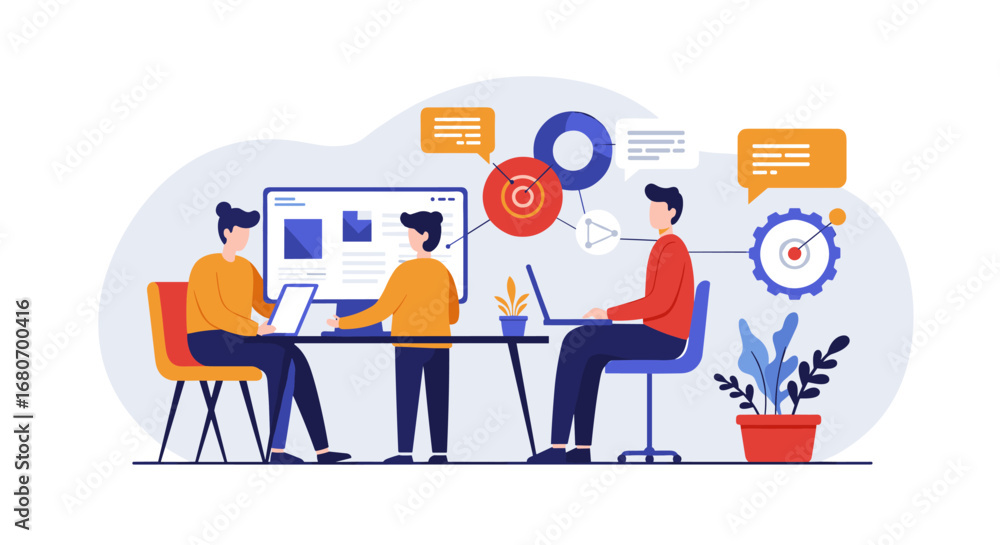 Poster team collaboration in modern office setting with data visualization and discussion