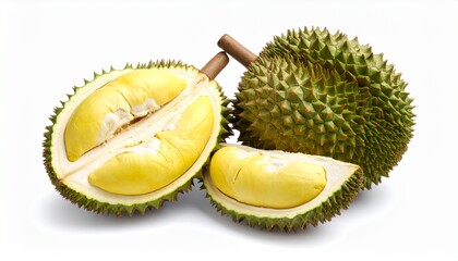 Fototapeta premium Close-up of a durian fruit, one half cut open revealing the yellow flesh, with a slice placed separately.
