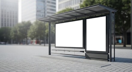 Modern Bus Stop with Blank Advertising Panels.