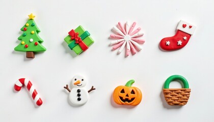 Naklejka premium Collection of festive christmas and halloween themed decorative ornaments on a white background