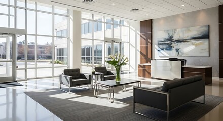 Fototapeta premium Spacious Lobby Interior with Glass Windows and Modern Furniture Decor