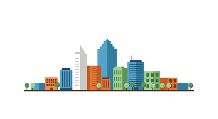 Flat cityscape with colorful buildings and trees against a white background