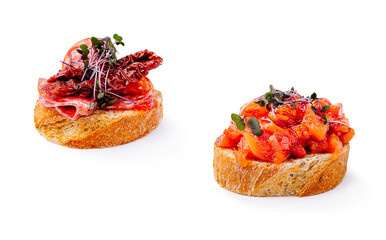 Gourmet tapas served on artisanal bread with fresh toppings