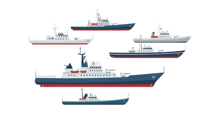 Collection of navy ship graphics in flat design on white background