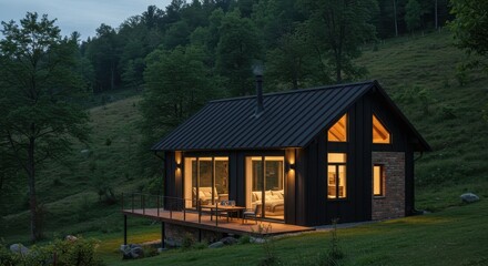 Cozy Modern Cabin with Warm Lights in Serene Forest Landscape at Dusk