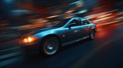 Dynamic Car in Motion: A sleek, silver car streaks through an urban environment, the motion blur creating a sense of high speed and energy, embodying modern travel.
