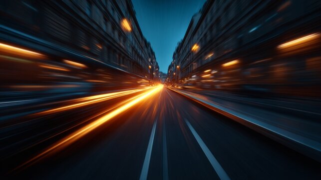 Cityscape at Speed: A captivating, blurred view down a city street at night, showcasing a sense of rapid movement.