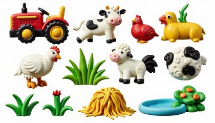 Naklejka premium Collection of colorful plastic farm animals and tractor toys on a white background