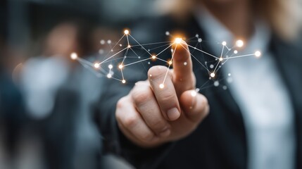 A hand interacts with a network of interconnected nodes, highlighting a modern concept of digital connectivity.