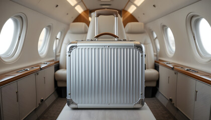 Silver Suitcase in Private Jet Interior – Luxury Travel Luggage Mockup for Business and Premium Lifestyle Journeys