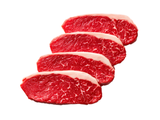 Four slices of premium raw Wagyu striploin steak. The exquisite, dense marbling promises a rich, melt-in-your-mouth texture for a luxury meal.