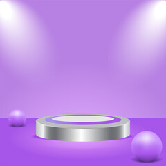 Minimalist silver round podium with spotlight and purple background, elegant 3D stage for product display or promotion.