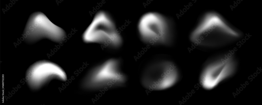 Poster blur shape blob collection with soft white gradient forms on black background for abstract design an