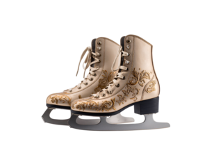 Black leather ice skates tied separately on a white background