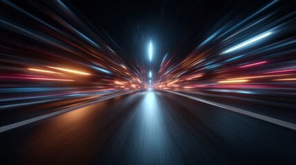 Speed of Light: An eye-level perspective of a highway at night is transformed into a high-speed tunnel of light. Illustrating concept of speed, motion, progress, and rapid technological advancement.