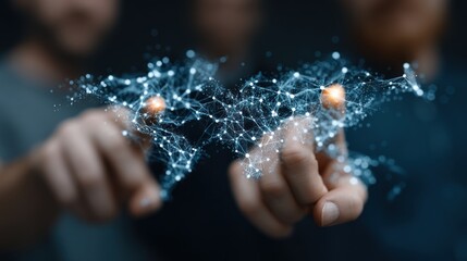 Hands interacting with a digital world map, showcasing global connectivity and network concepts.