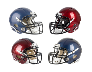 3D illustration of a red and blue American football helmet with mask on a white background