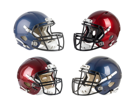 3D illustration of a red and blue American football helmet with mask on a white background