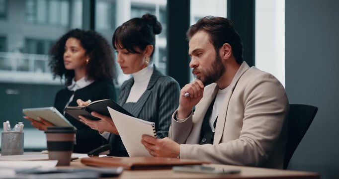 Office, panel interview and people with notes, listening or HR manager with notebook or recruitment. Group, writing and meeting for onboarding, corporate and info for job opportunity in business